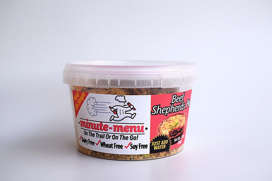 Minute-Menu Freeze Dried Food: high protein meal Beef Shepherds Pie Front packaged bowl View