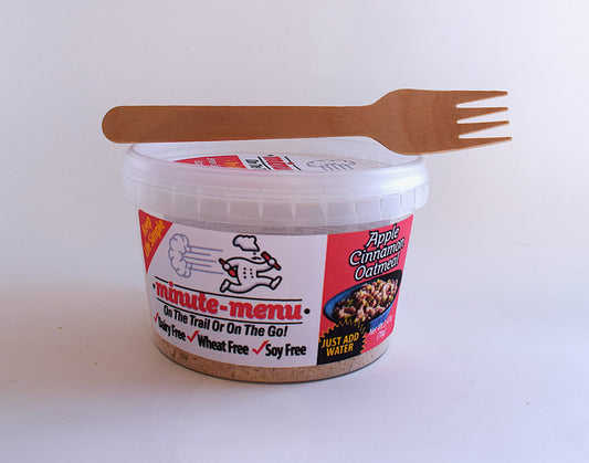 Minute-Menu Freeze Dried Food: Apple Cinnamon Oatmeal Front packaged bowl View with wood fork.