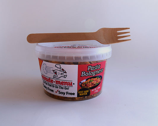 Minute-Menu Freeze Dried Food: High protein meal Pasta Bolognese Front packaged bowl View with wood fork